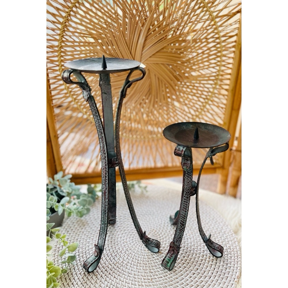 Set of 2 Metal Tripod Alligator Snakeskin Style Tall Candlesticks Candle Holders